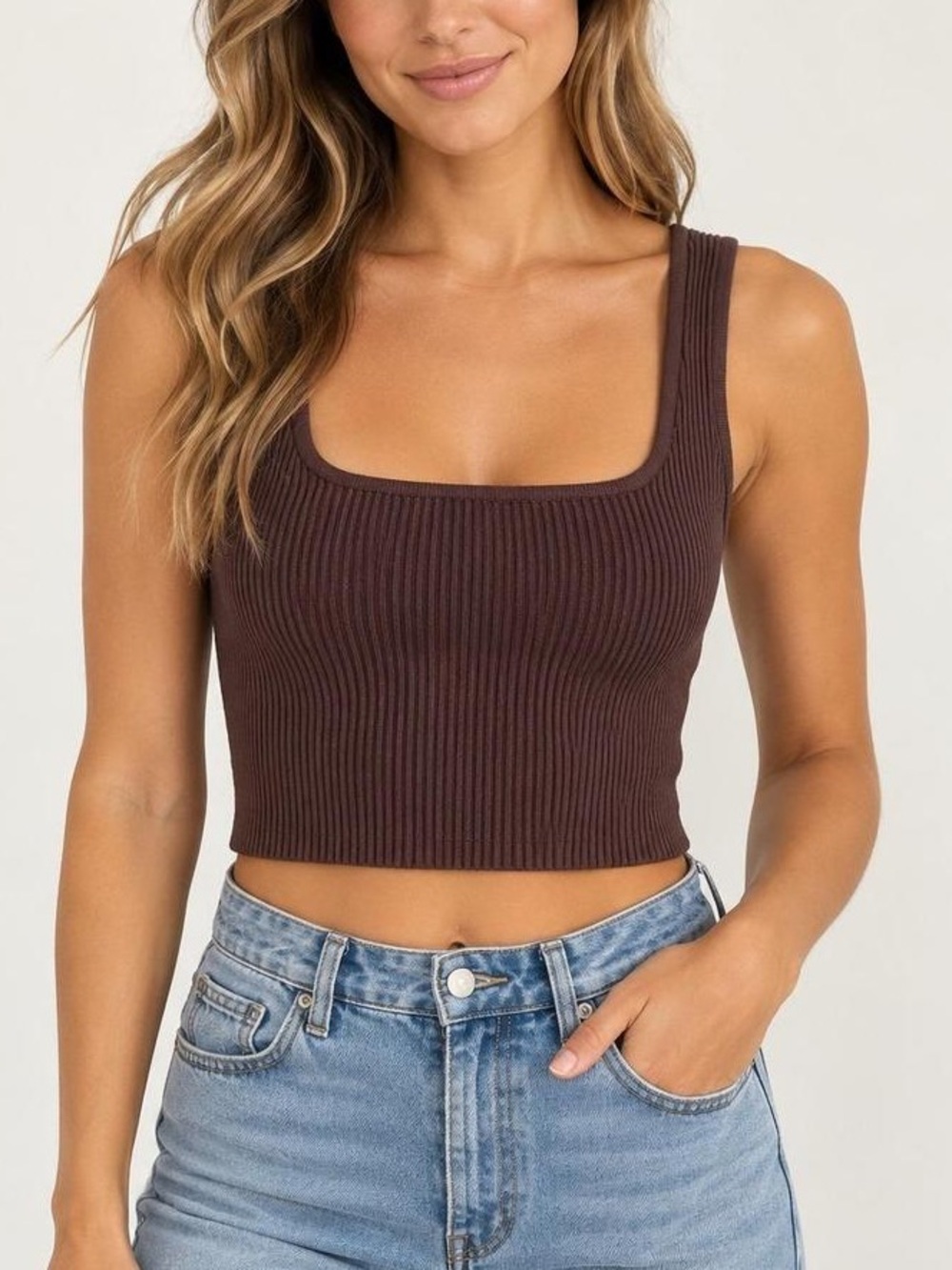 Babaton Brown Ribbed Sculpting Square Neck Crop Tank Top Gym To Street